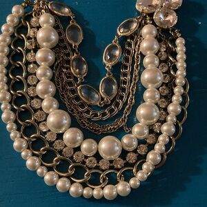Necklace-Fun Roaring 20’s style Costume layered faux pearl, stone and chain.